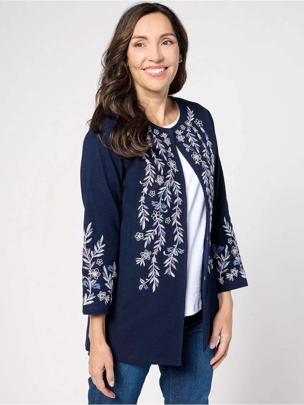 Susan Graver Navy Floral Embroidered Cotton Topper Cardigan Blazer